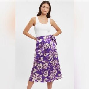 Japna Purple White Floral Wrap Tie Side Satin Skirt